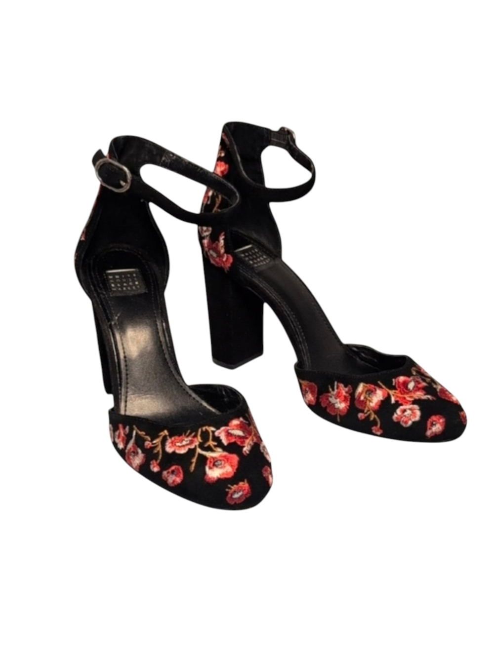White House Black Market Piper Black Suede Embroidered Block Heel Sandals Size 8